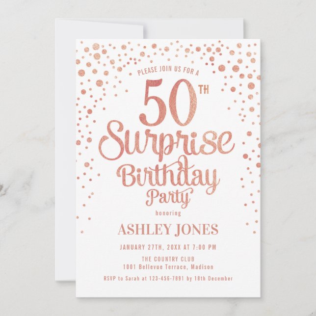 Invitation Surprise 50e fête d'anniversaire - Rose Gold & Whi (Devant)