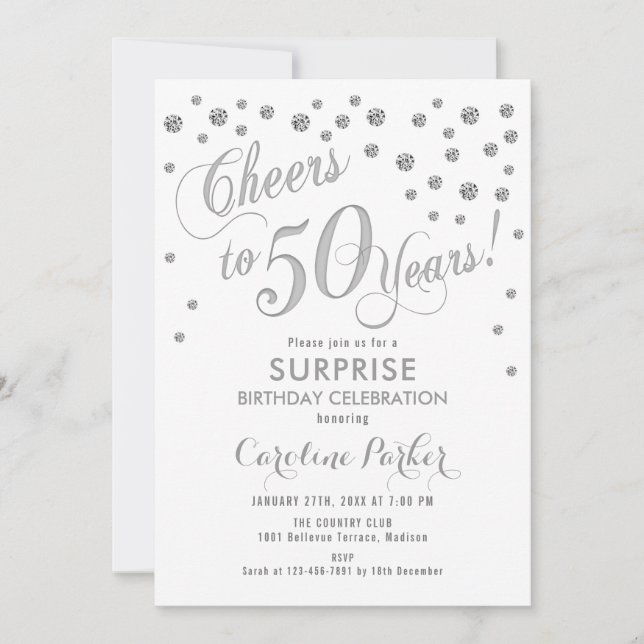 Invitation Surprise 50e fête d'anniversaire - Silver White (Devant)