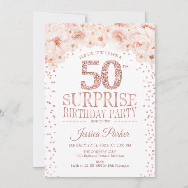 Invitation Surprise 50e fête d'anniversaire - White Rose Gold (Devant)