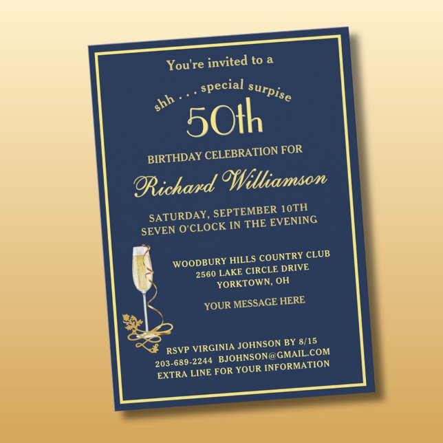 Invitation SURPRISE 50th Birthday Party Elegant Blue Gold  (Créateur téléchargé)