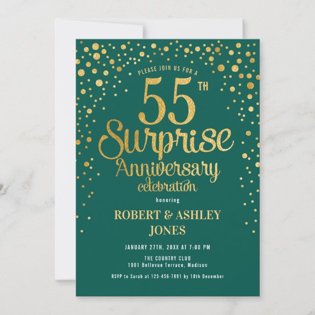 Invitation Surprise 55e anniversaire de mariage - Vert & Or (Devant)