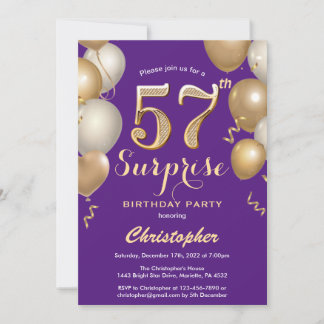 Invitation Surprise 57e anniversaire Ballons violet et or