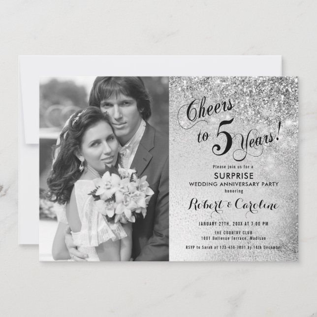Invitation Surprise 5e Anniversaire avec Photo - Blanc Argent (Devant)