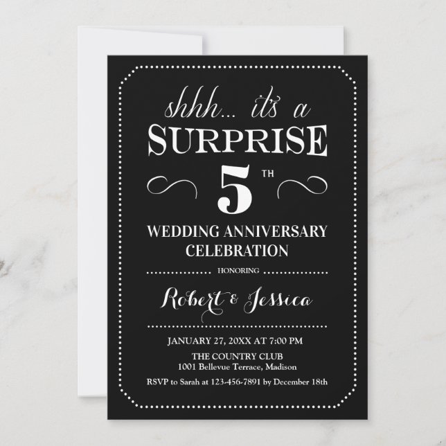 Invitation Surprise 5e anniversaire de mariage - Noir Blanc (Devant)