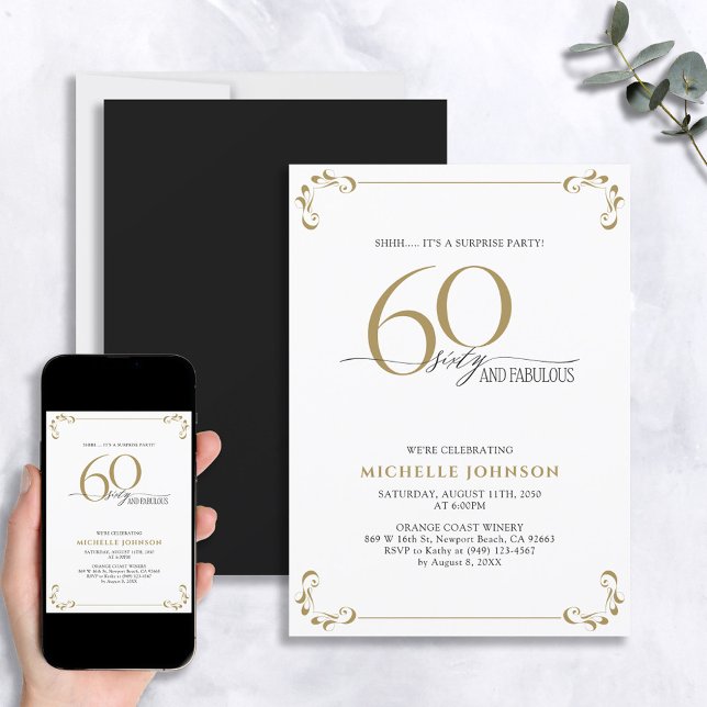 Invitation Surprise 60 & Fabulous Black & Gold Birthday (Créateur téléchargé)