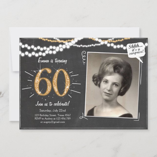 Invitation Surprise 60 Soixante parties scintillant Or Annive (Devant)