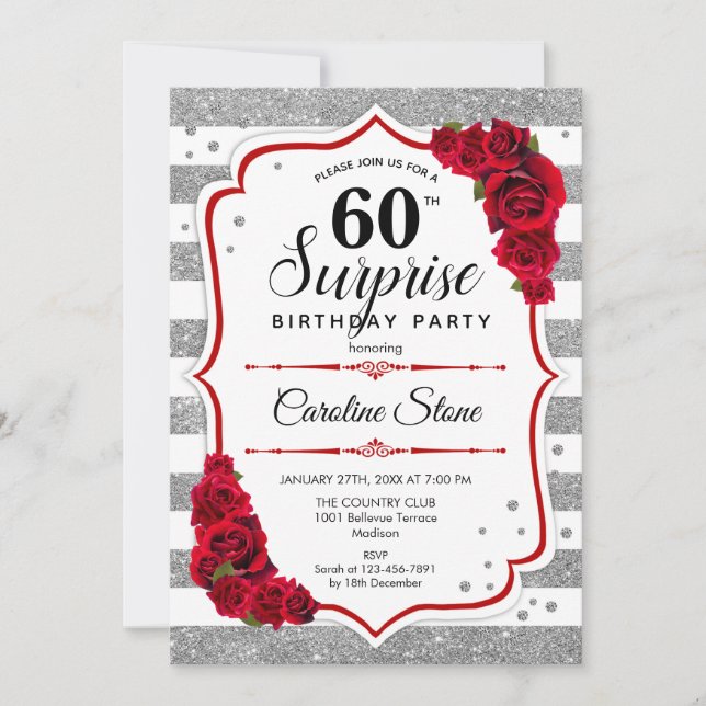 Invitation Surprise 60e anniversaire - Argent Blanc Rouge (Devant)