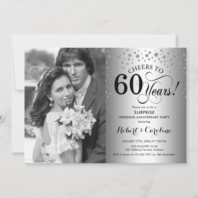 Invitation Surprise 60e anniversaire avec photo argent noir (Devant)