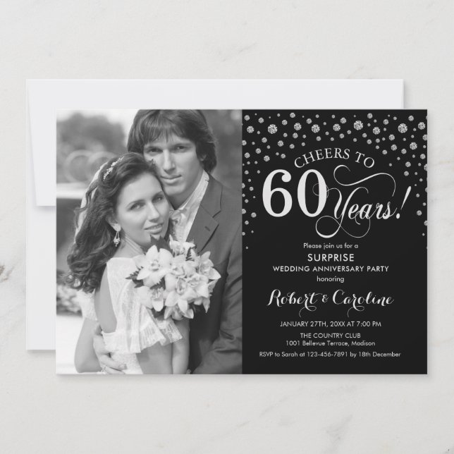 Invitation Surprise 60e anniversaire avec photo noir argent (Devant)