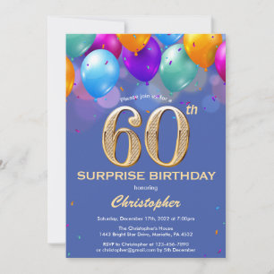 Invitation Surprise 60e anniversaire Ballons bleu et or