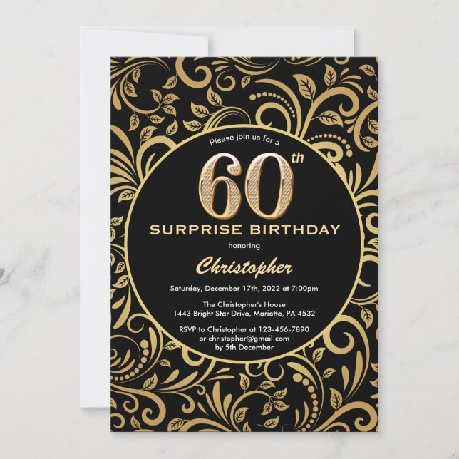 Invitation Surprise 60e anniversaire Black and Gold Floral (Devant)