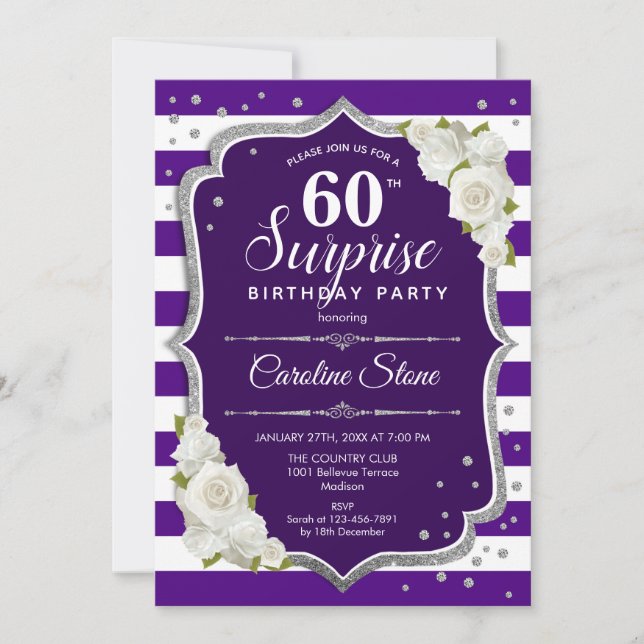 Invitation Surprise 60e anniversaire - Blanc d'argent violet (Devant)