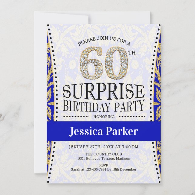 Invitation Surprise 60e anniversaire - Blanc Gold Royal Blue (Devant)