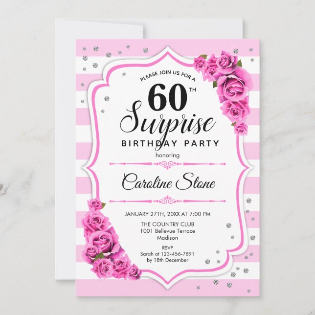 Invitation Surprise 60e anniversaire - Blanc rose (Devant)