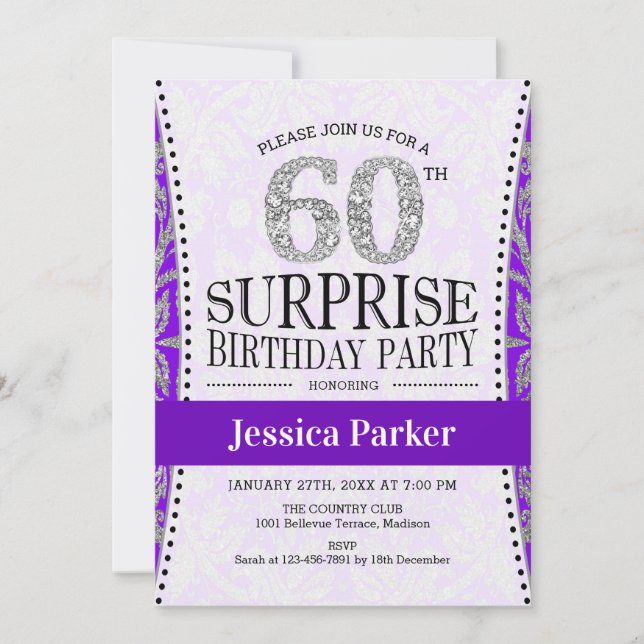 Invitation Surprise 60e anniversaire - Blanc Silver violet (Devant)