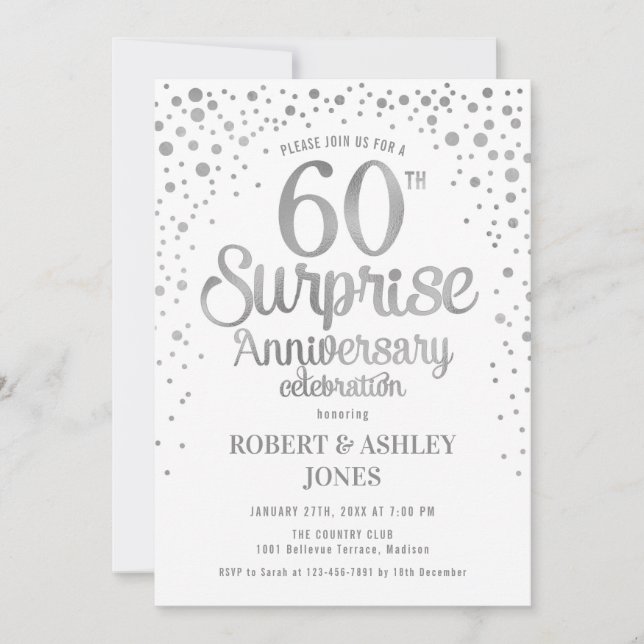 Invitation Surprise 60e anniversaire de mariage - Argent & Bl (Devant)