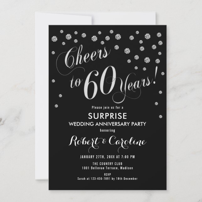 Invitation Surprise 60e anniversaire de mariage - Noir et arg (Devant)