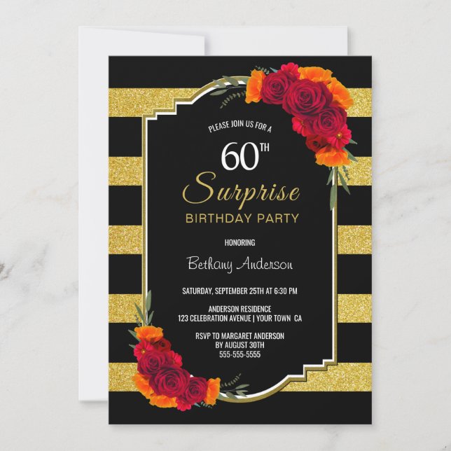 Invitation Surprise 60e anniversaire Gold Striped Red Floral (Devant)