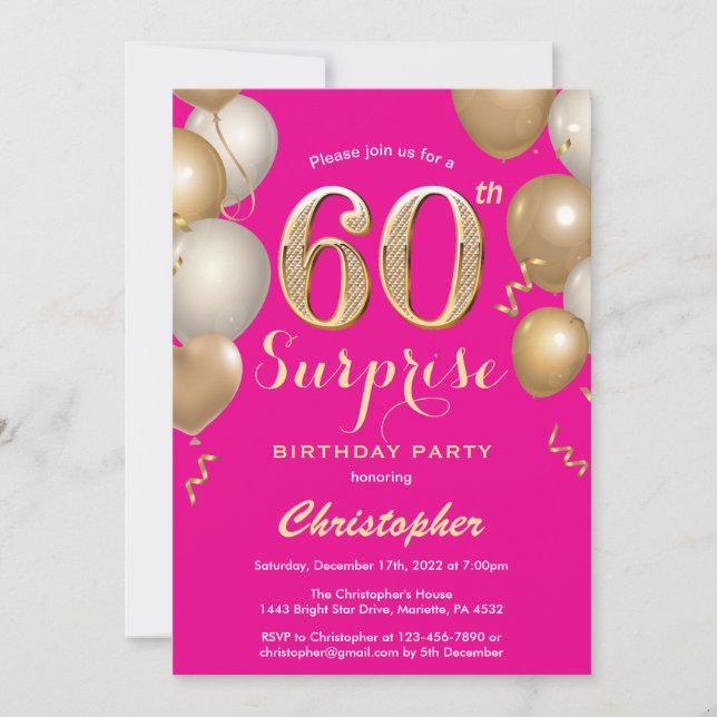 Invitation Surprise 60e anniversaire Hot rose et or Ballons (Devant)