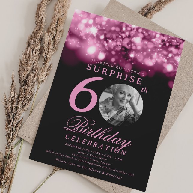Invitation SURPRISE 60e anniversaire Hot rose Midnight Glam (SURPRISE 60th Birthday Hot Pink Midnight Glam Invitation)