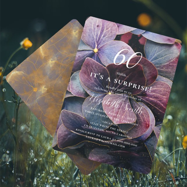 Invitation Surprise 60e anniversaire Hydrangea Bleu Violet Or (Créateur téléchargé)