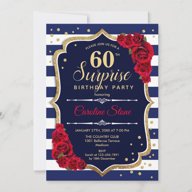 Invitation Surprise 60e anniversaire - Marine Blanc Rouge (Devant)