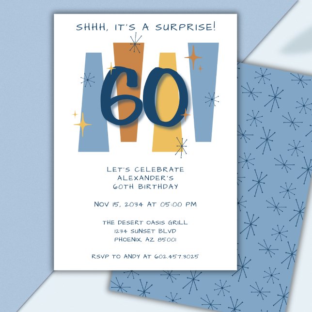 Invitation Surprise 60e anniversaire Mi-siècle Retro Blue (Créateur téléchargé)