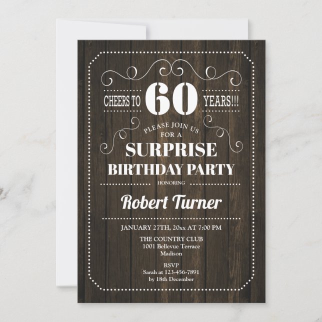 Invitation Surprise 60e anniversaire - Motif de bois (Devant)