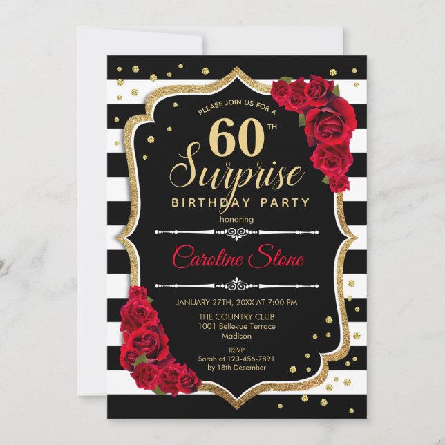 Invitation Surprise 60e anniversaire - Noir Blanc Rouge (Devant)
