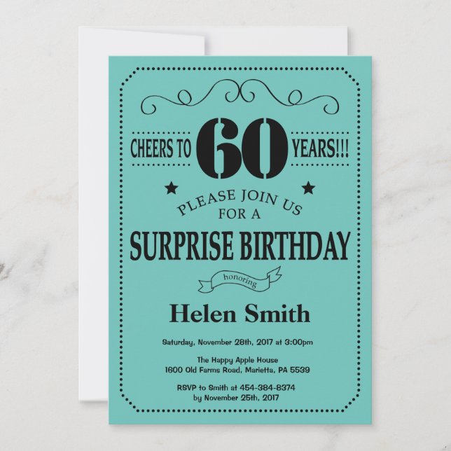 Invitation Surprise 60e anniversaire Noir et Turquoise (Devant)