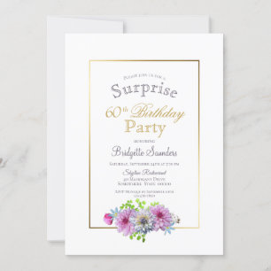 Invitation Surprise 60e anniversaire Pink Blue Floral Gold Pa