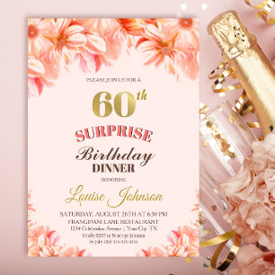 Invitation Surprise 60e anniversaire Pink Gold Floral Dîner