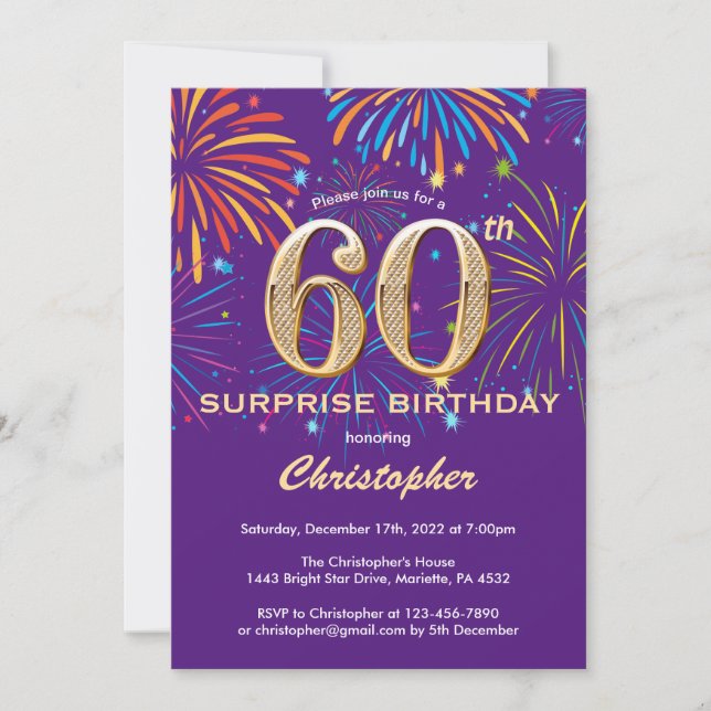 Invitation Surprise 60e anniversaire Purple and Gold Firework (Devant)