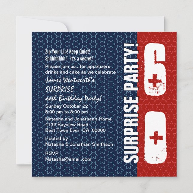 Invitation SURPRISE 60e anniversaire Red White Blue Stars (Devant)