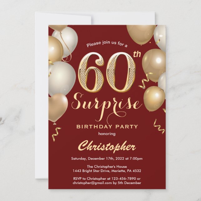 Invitation Surprise 60e anniversaire Sombre Rouge et Or Ballo (Devant)