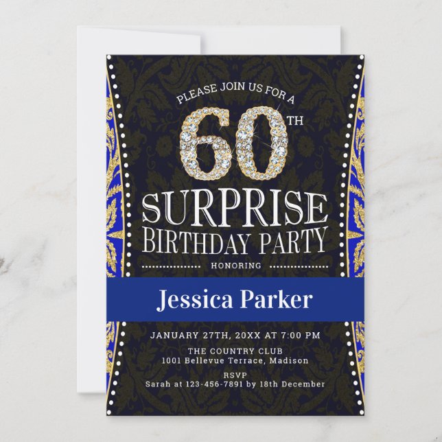 Invitation Surprise 60e fête d'anniversaire - Gold Navy Blue (Devant)