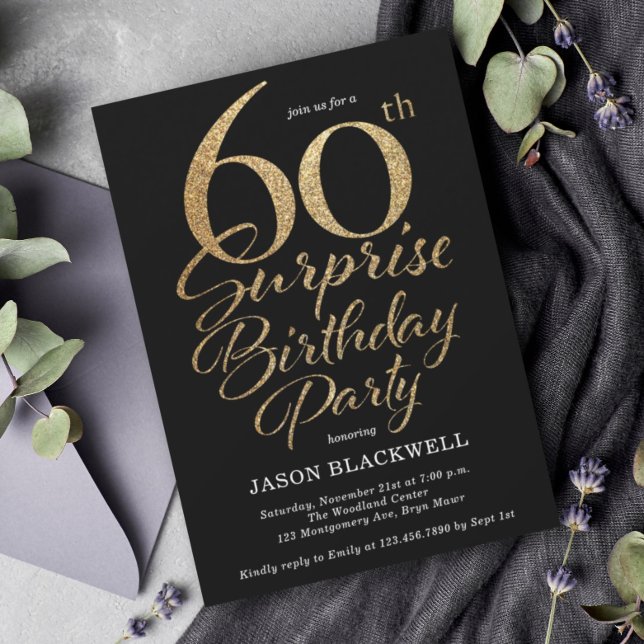 Invitation Surprise 60e fête d'anniversaire Noir & Or (Créateur téléchargé)