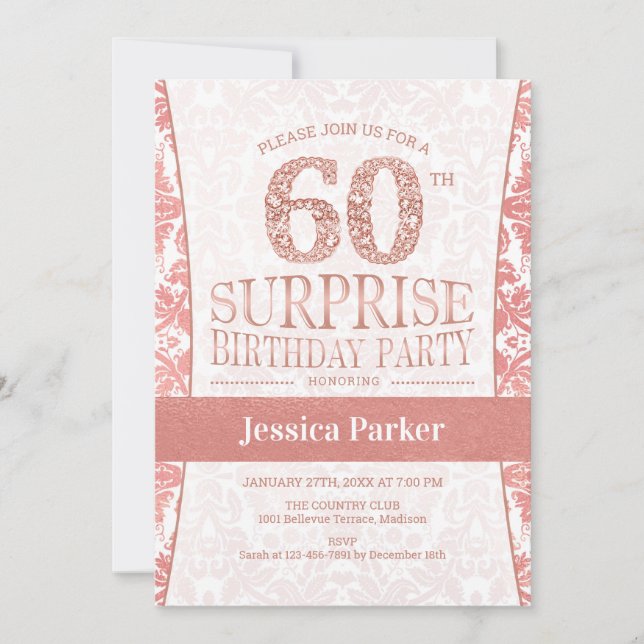 Invitation Surprise 60e fête d'anniversaire - Rose Gold White (Devant)