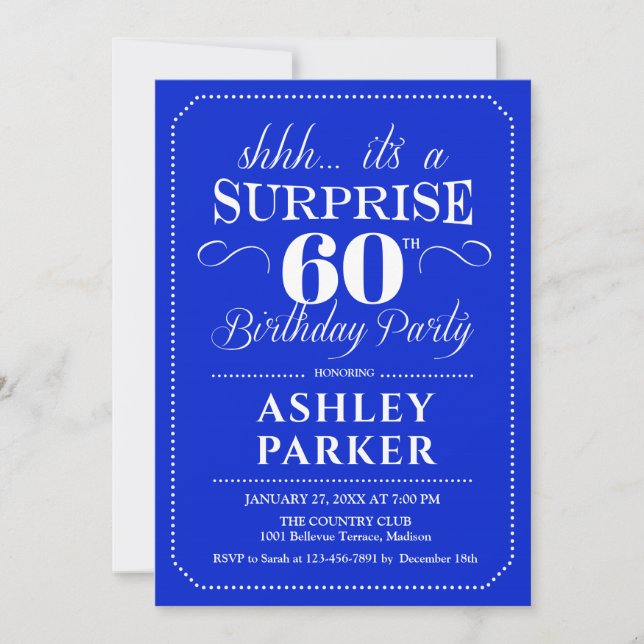Invitation Surprise 60e fête d'anniversaire - Royal Blue Whit (Devant)