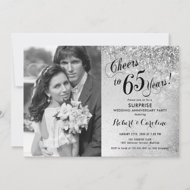 Invitation Surprise 65e anniversaire avec photo - Argent (Devant)