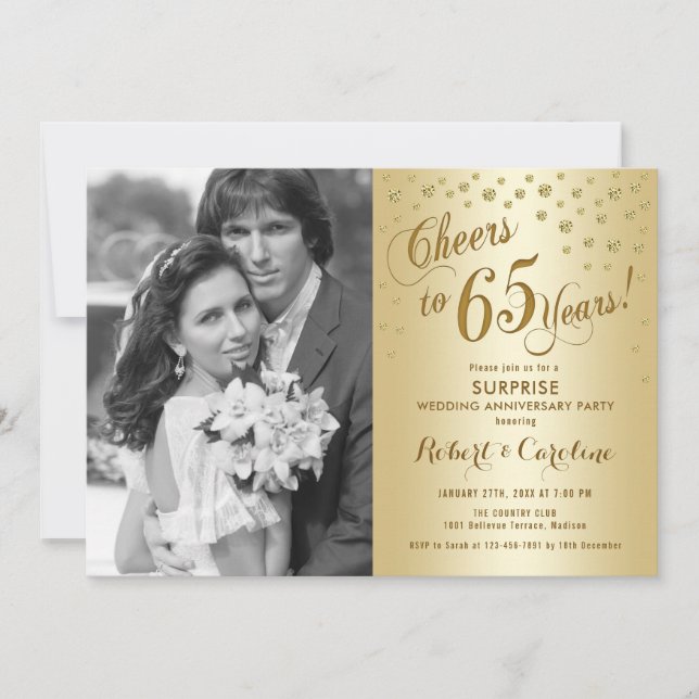 Invitation Surprise 65e anniversaire avec photo - Or (Devant)