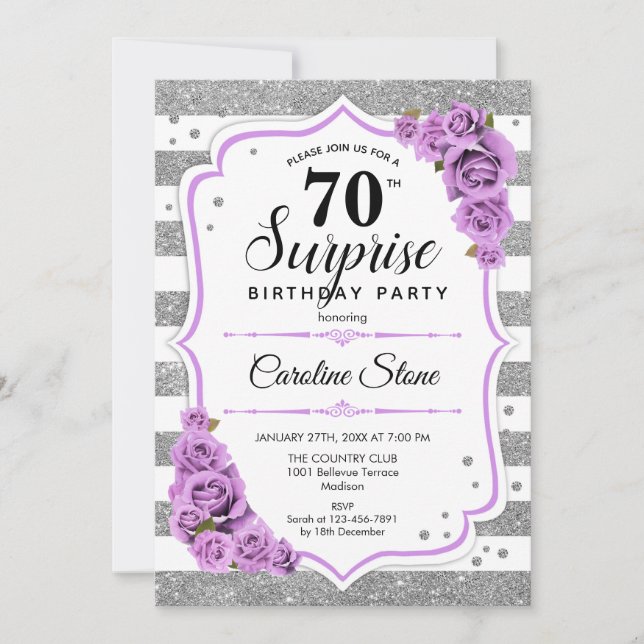 Invitation Surprise 70e anniversaire - Argent blanc violet (Devant)