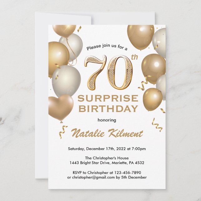 Invitation Surprise 70e anniversaire Ballons blanc et or (Devant)