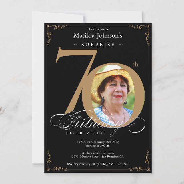 Invitation Surprise 70e anniversaire Black Gold Elegant Photo (Devant)