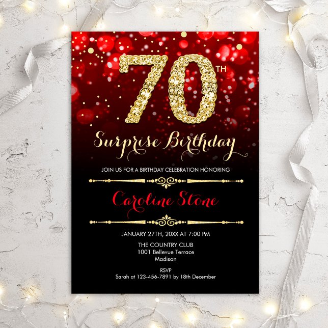 Invitation Surprise 70e anniversaire - Black Red Gold (Créateur téléchargé)