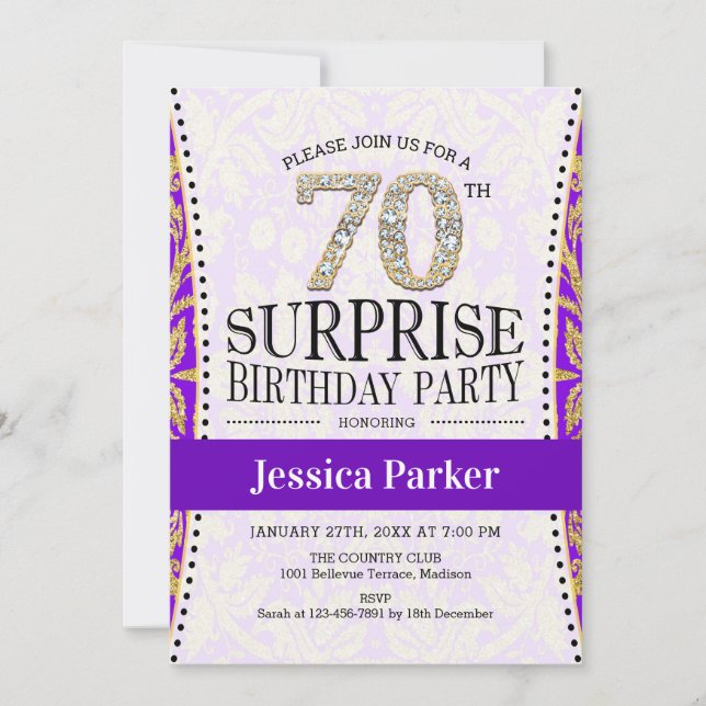 Invitation Surprise 70e anniversaire - Blanc Gold Purple (Devant)