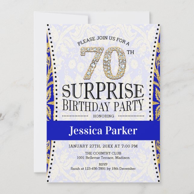 Invitation Surprise 70e anniversaire - Blanc Gold Royal Blue (Devant)
