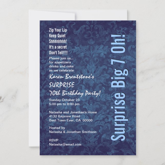 Invitation SURPRISE 70e anniversaire Blue Damask White W1467 (Devant)