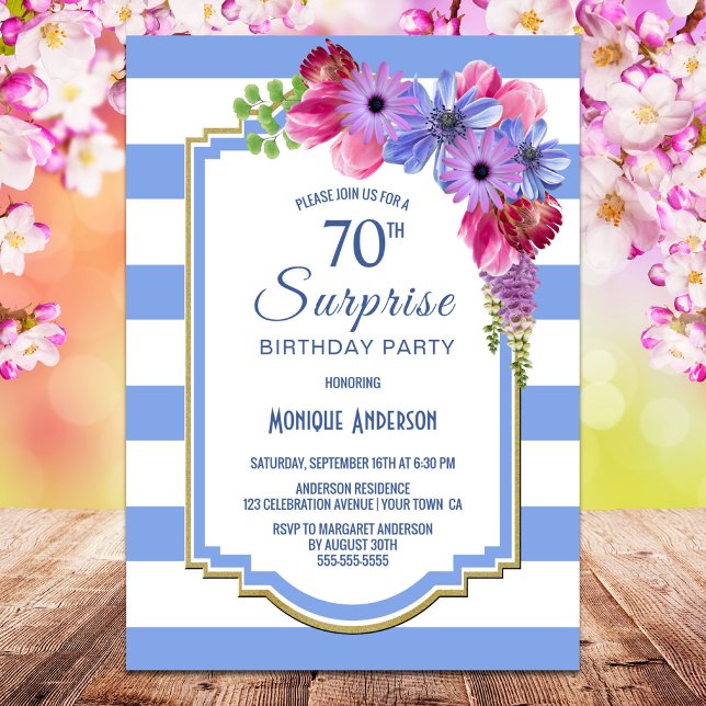 Invitation Surprise 70e anniversaire Blue Striped Floral Part (Créateur téléchargé)