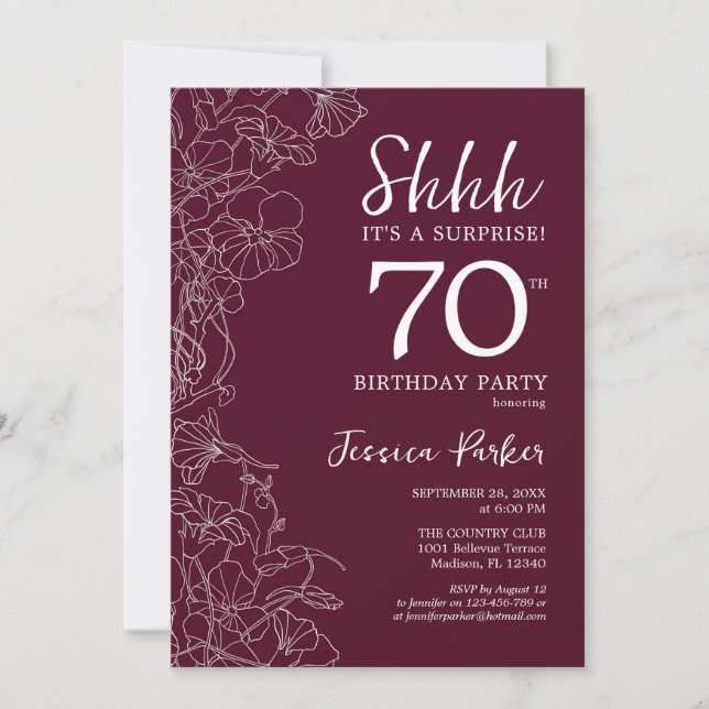 Invitation Surprise 70e anniversaire Bourgogne Floral (Devant)